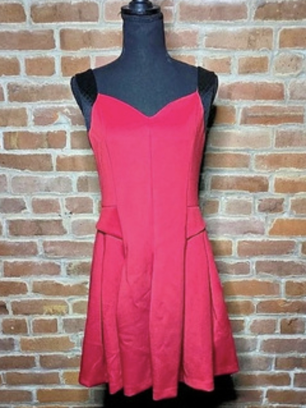 GUESS Red Fit & Flare Pleated Dress with Faux Leather Quilted Trim